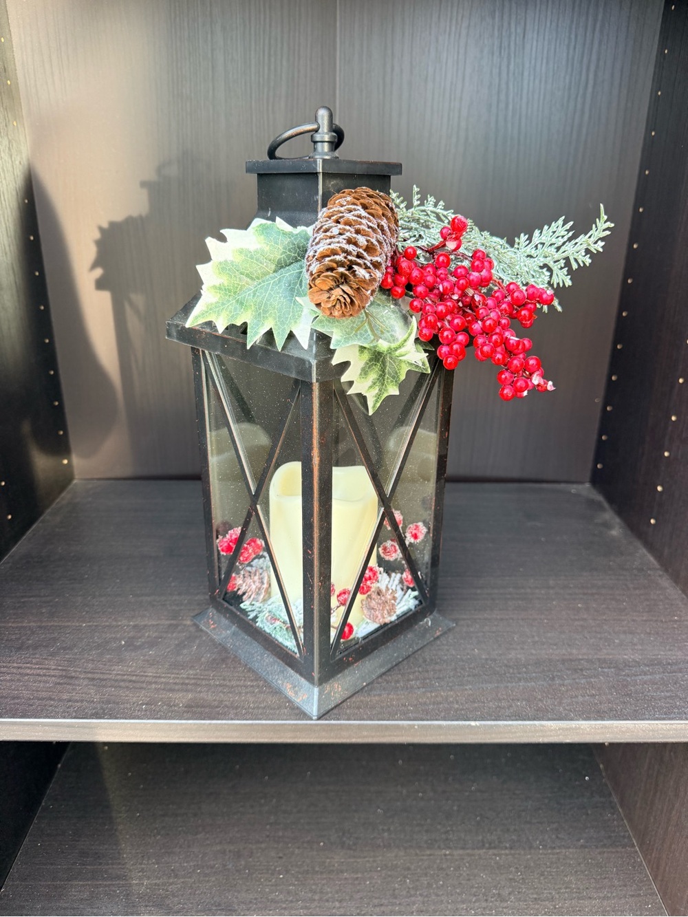 Kurt Adler Black Lantern with Pinecone, Red Berries & Green Foliage